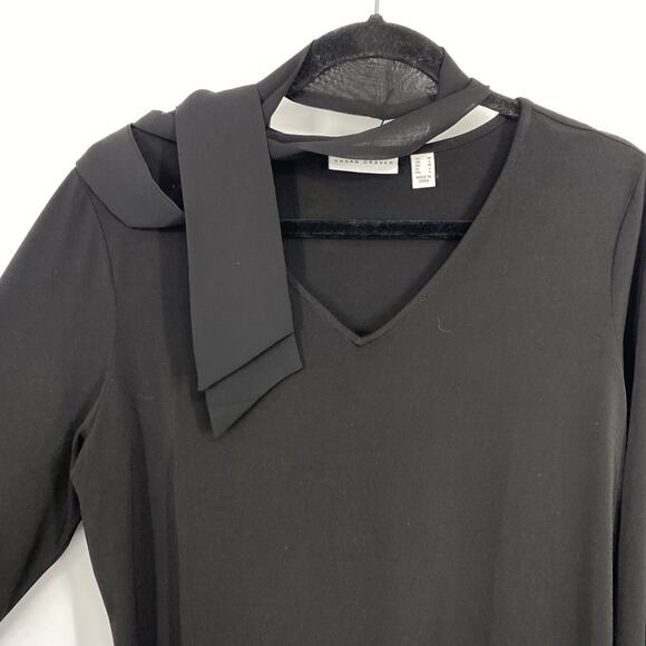 Susan Graver Medium Tunic Slinky Knit Black Ruffle Chiffon Tie V neck Lagenlook - Picture 2 of 10